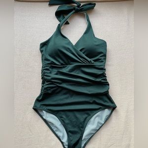 Boden runched halter bathing suit; 8T green